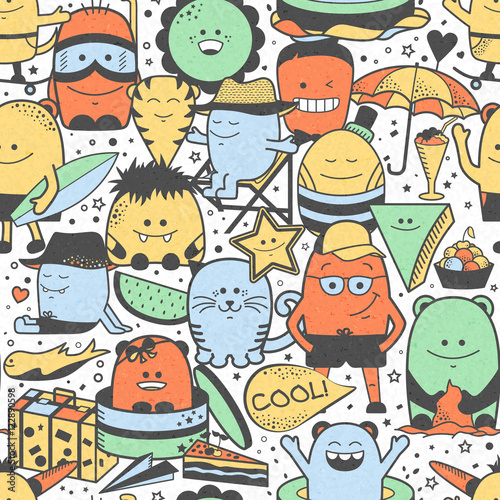 Seamless pattern. Funny monsters, personage. Hand drawn cartoon animals