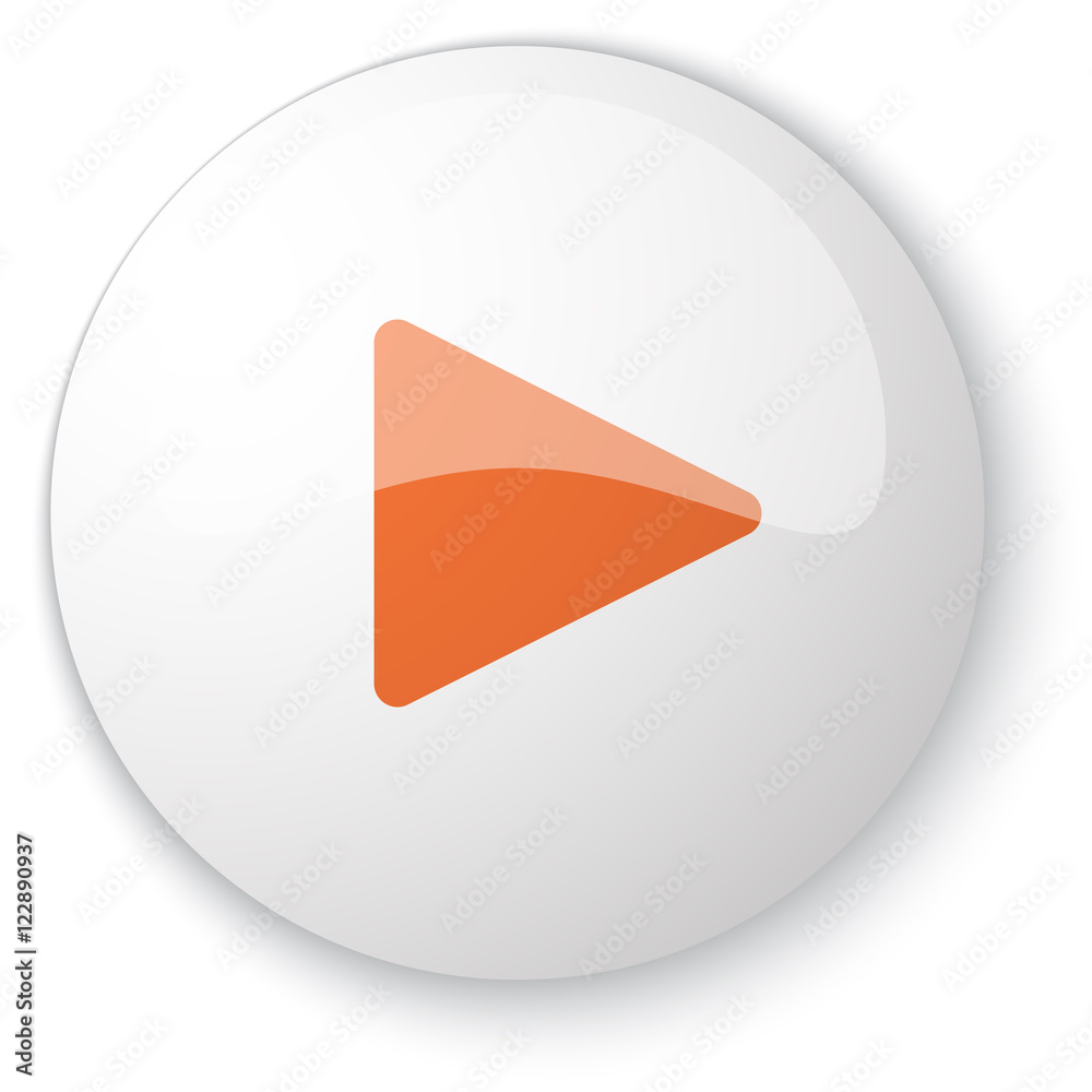 Glossy white web button with orange Play icon on white backgroun