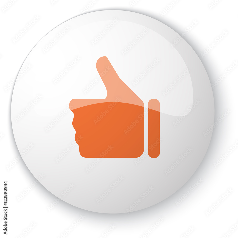 Glossy white web button with orange Thumb Up icon on white backg