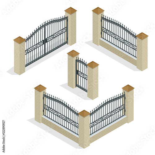 Vector Isometric icon or infographic Different designs of fences and gates isolated on a white background. Stone fence, iron fence, wrought-iron fence illustration.