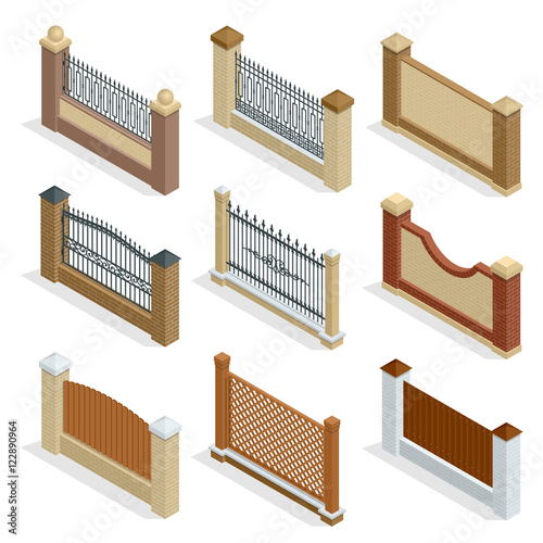 Vector Isometric icon or infographic Different designs of fences and gates isolated on a white background. Stone fence, iron fence, wrought-iron fence illustration.