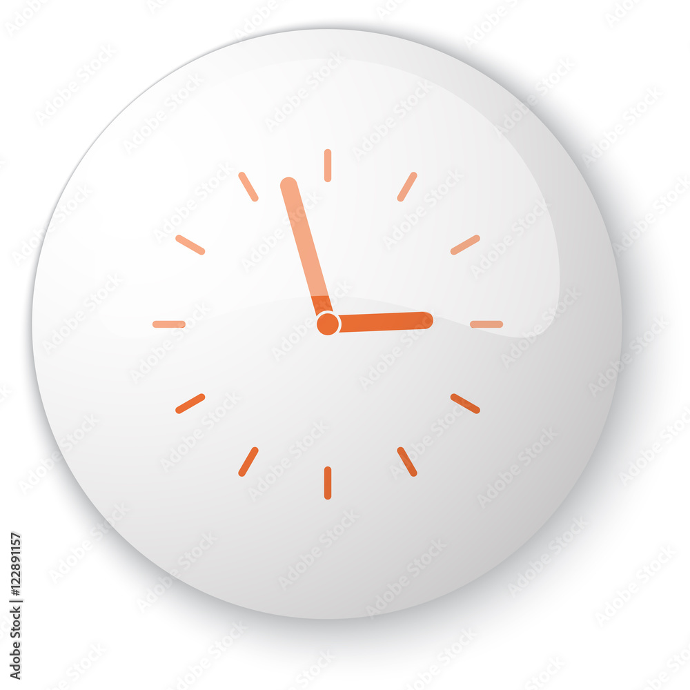 Glossy white web button with orange Clock icon on white backgrou Glossy white web button with orange Clock icon on white backgrou