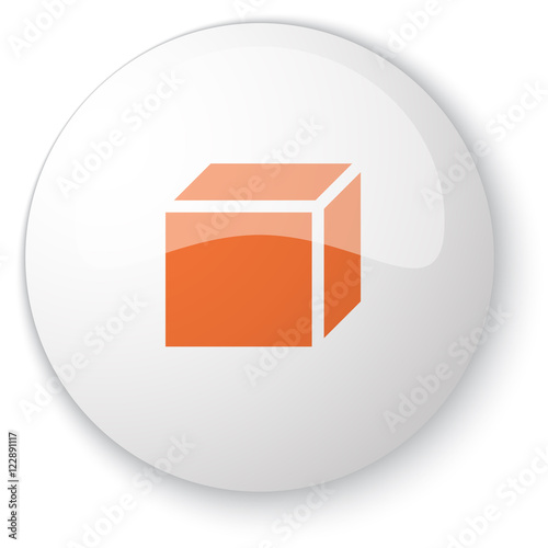 Glossy white web button with orange 3D Box icon on white backgro photo