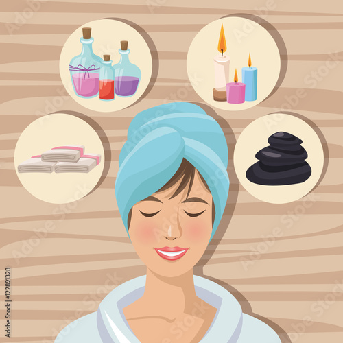 Girl cartoon with towel candles stones and oil icon. Spa center and healthy lifestyle theme. Colorful design. Vector illustration