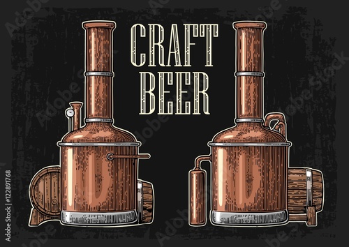 Row of tanks and wooden barrel in brewery beer. I