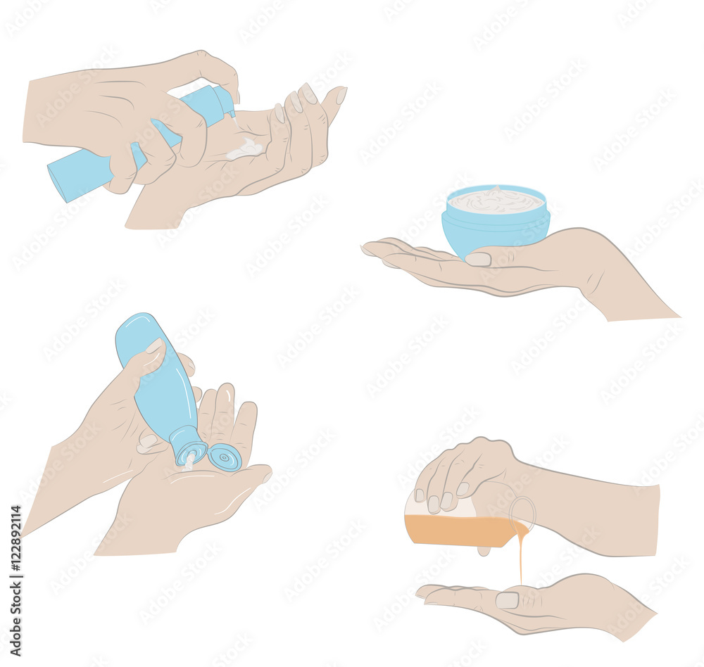 set of illustrations cream on female hands. vector illustration.