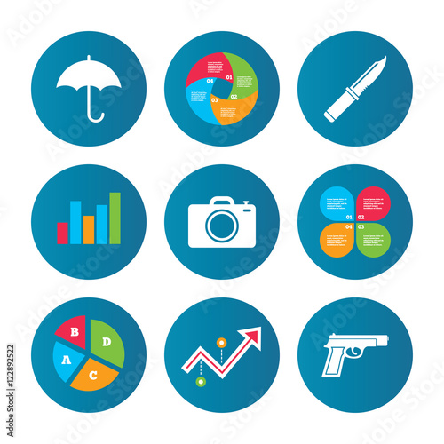 Gun weapon. Knife, umbrella and photo camera.