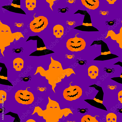 Halloween pumpkin and ghost seamless pattern background.