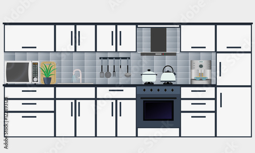 Kitchen interior with furniture including microwave oven, coffee