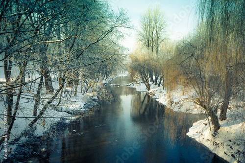 Beautiful winter landscape. View of the river and frozen trees.