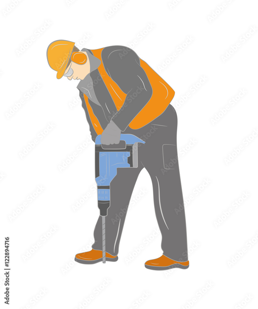 worker with pneumatic hammer drill equipment isolated on white. vector illustration