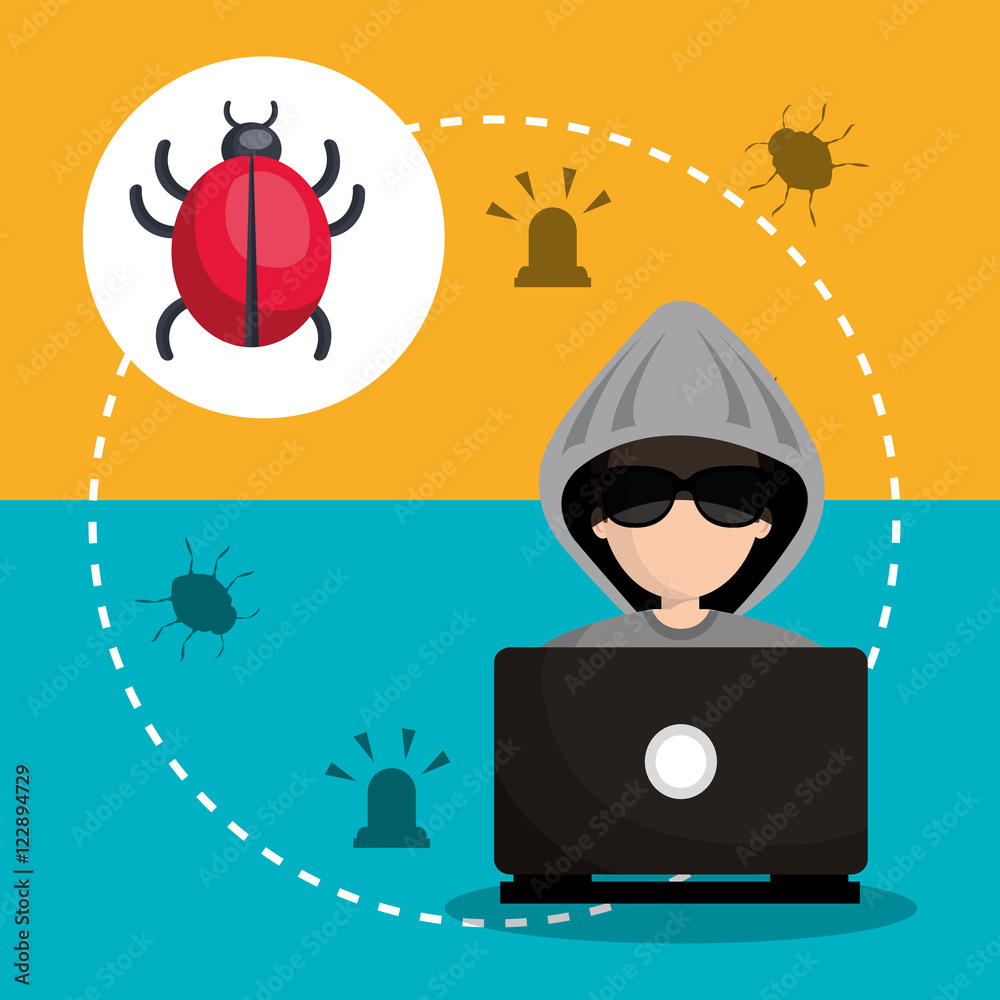 laptop and avatar man hacker with virus alert security system icon set ...