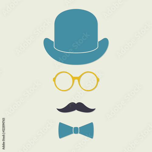 Old fashioned gentleman accessories icons set: hat, glasses, mustache and bowtie. Vintage design. Colorful vector illustration.