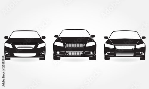 Car icon set. Front view. Vector black vehicle silhouette isolated on white background.