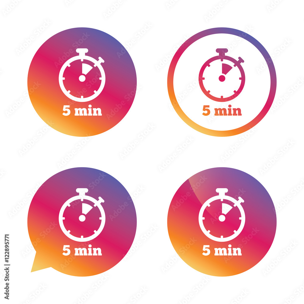 Timer sign icon. 5 minutes stopwatch symbol. Timer sign icon. 5 minutes stopwatch symbol.