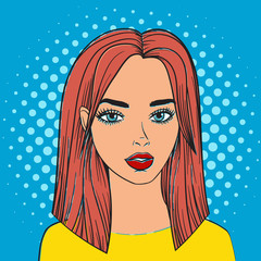 Pop art sexy woman. Fashion, beautiful portrait girl with brown hair. Square composition. Comic girl with open mouth. Vector illustration on blue background
