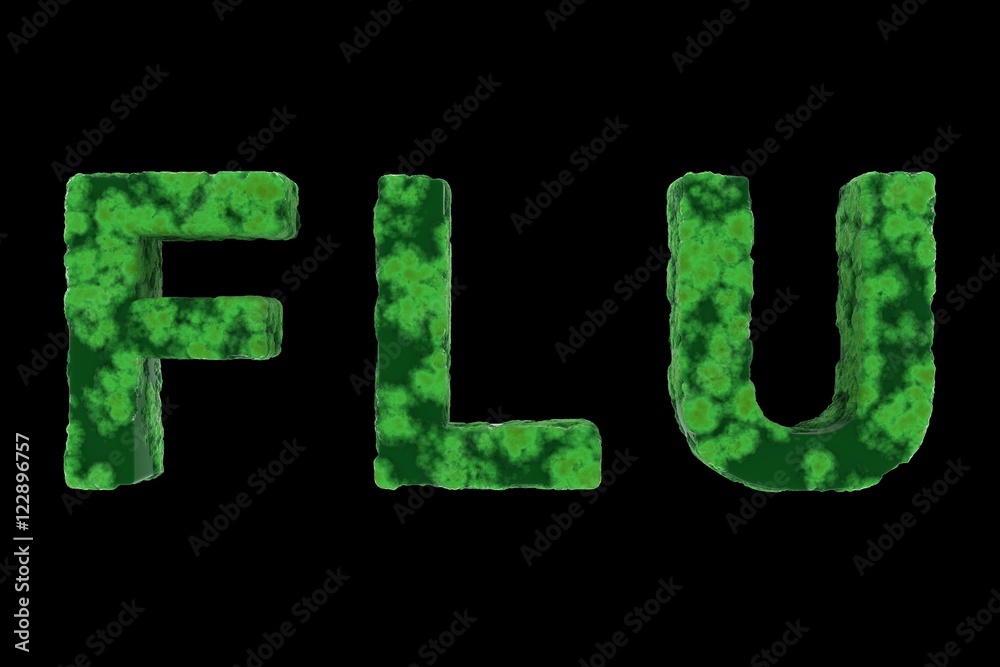 Green Virus Coated FLU Text Isolated on Black Background 3D Illustration Green Virus Coated FLU Text Isolated on Black Background 3D Illustration