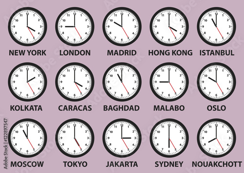 clock faces with time differences in some world cities photo