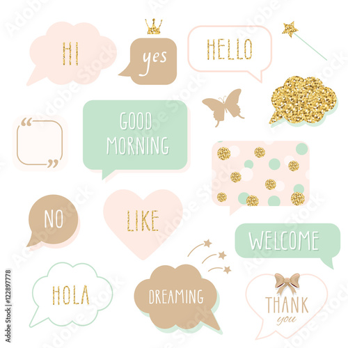 Cute speech bubbles with hand written words. Girly stickers set in pastel pink and gold glitter. Thank You, Good Morning, Welcome and Hello lettering. Polka dots pattern added in swatches.