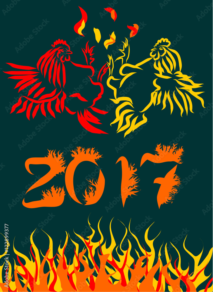 Obraz premium Year fire rooster. The image of fire on a postcard. Sketch