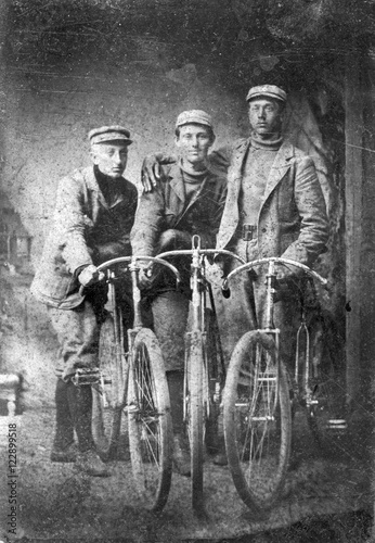 Vintage Tintype three gents with antique bicycles circa 1860s - Guys with bikes, three men early boneshaker