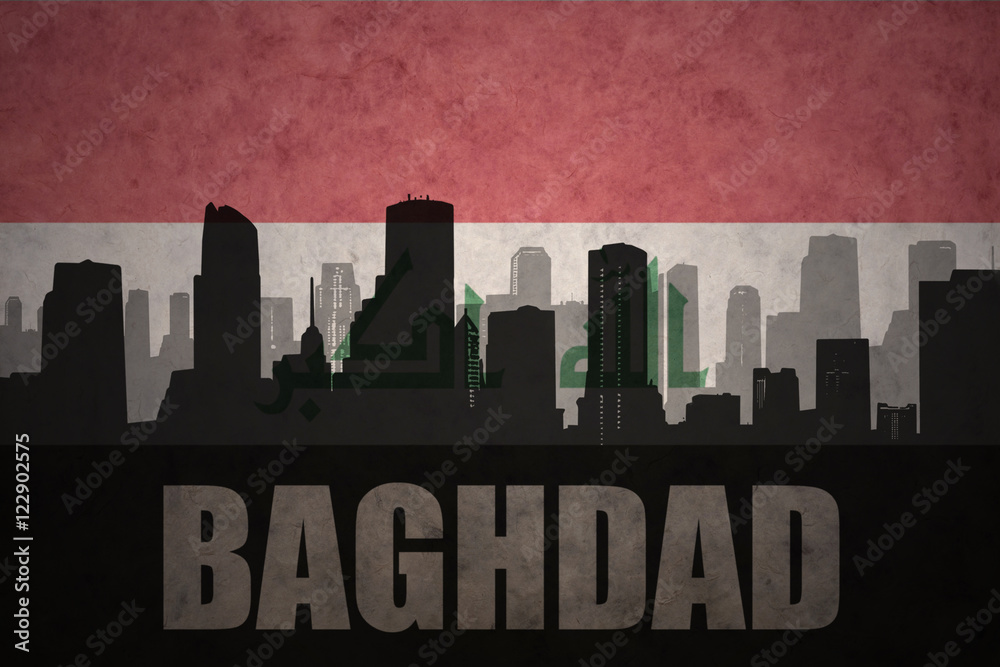 abstract silhouette of the city with text Baghdad at the vintage iraqi flag background