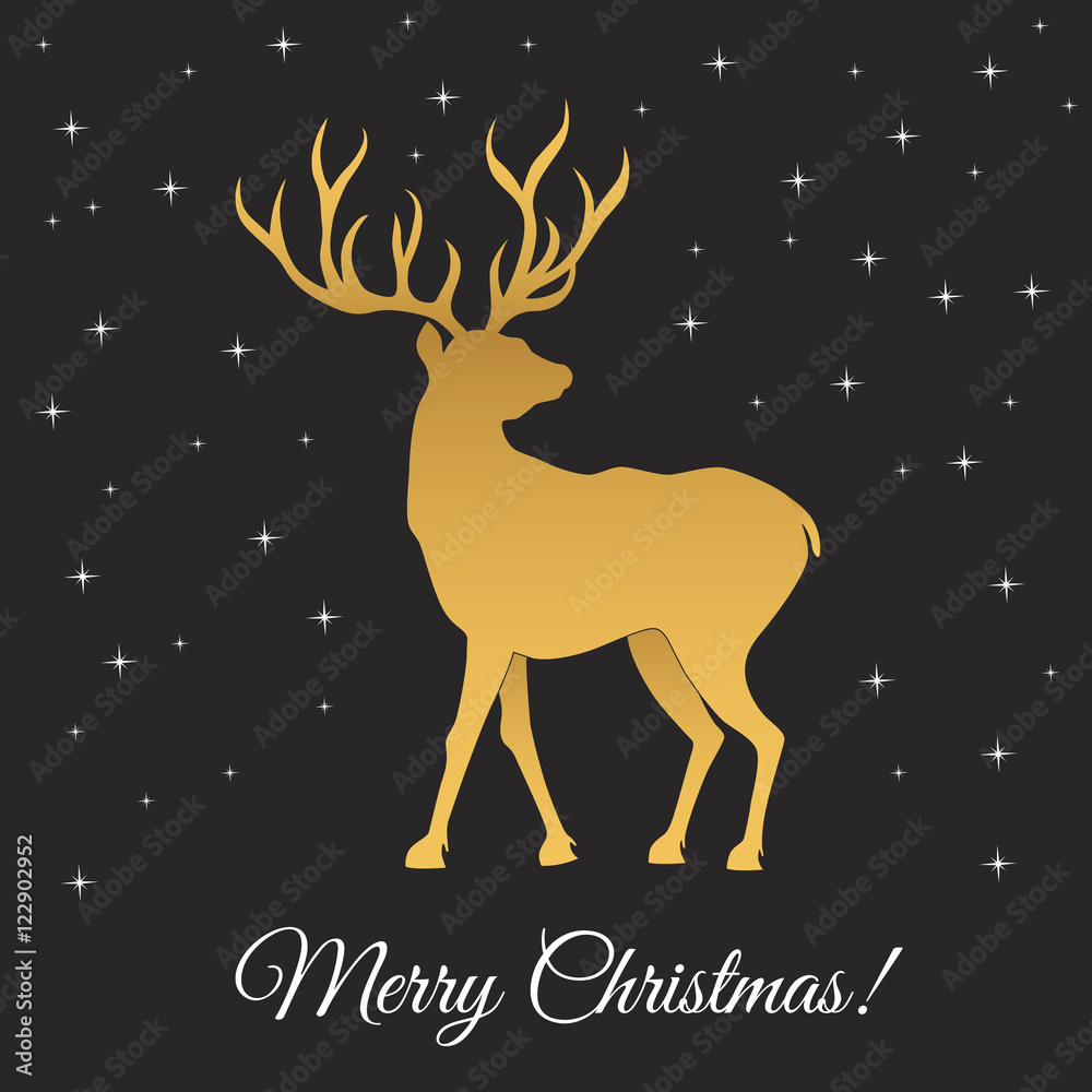 Merry Christmas gold deer silhouette and snowflakes.