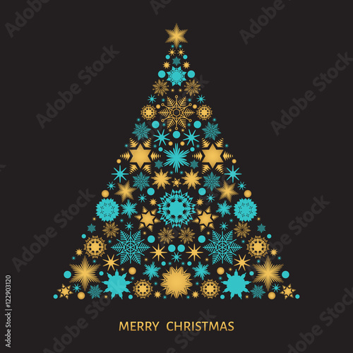 Christmas tree with  gold pattern from snowflakes and Xmas eleme