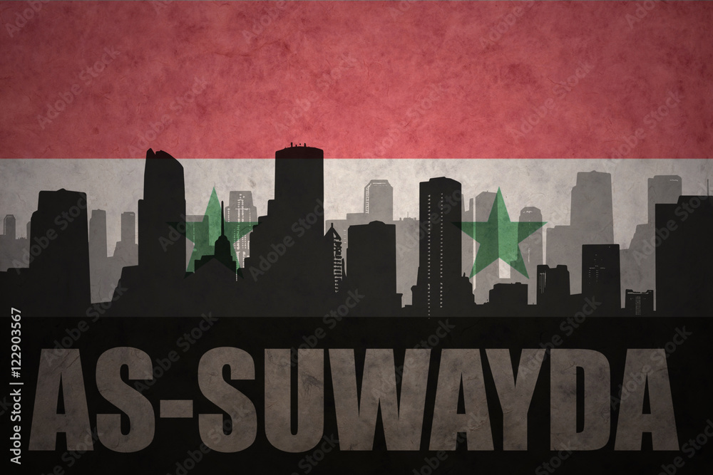 abstract silhouette of the city with text As-Suwayda at the vintage syrian flag background