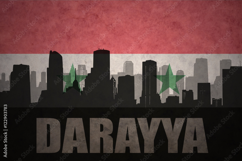 abstract silhouette of the city with text Darayya at the vintage syrian flag background