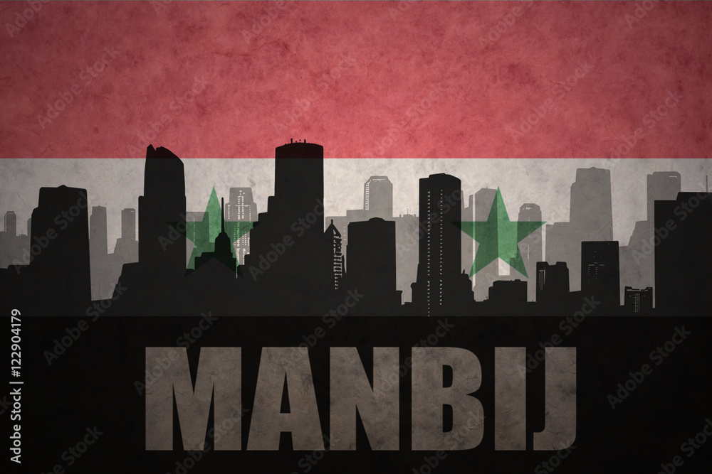 abstract silhouette of the city with text Manbij at the vintage syrian flag background