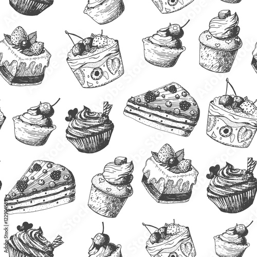 Hand drawn vector illustration - seamless pattern with sweet and dessert. Yummy sweet background. Linear graphic design.