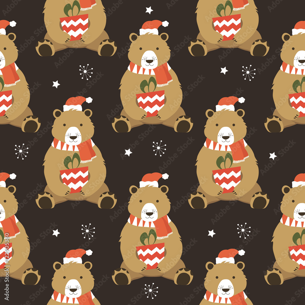 Obraz premium Christmas seamless pattern with snow and funny bear. Vector Template illustration background card.