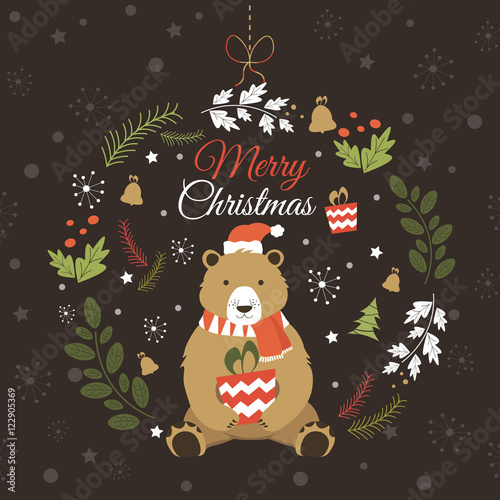 Happy New Year and Merry Christmas vector card with funny Bear.