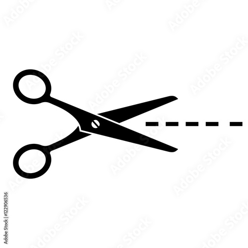 Vector. Scissors with cut lines isolated on white background. Symbol / document / icon.