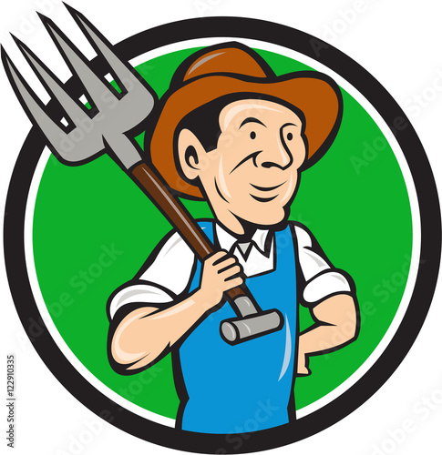 Farmer Pitchfork On Shoulder Circle Cartoon