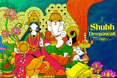 Goddess Lakshmi and Lord Ganesha on happy Diwali Holiday doodle background for light festival of India