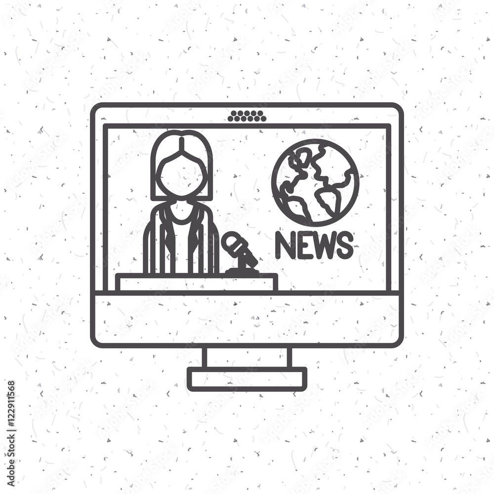 News Presenter woman inside computer icon. News media communication ...