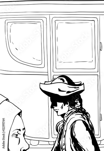 Outlined man and woman walking past empty carriage