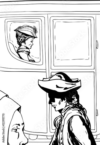 Outline of people walking past rich woman in carriage