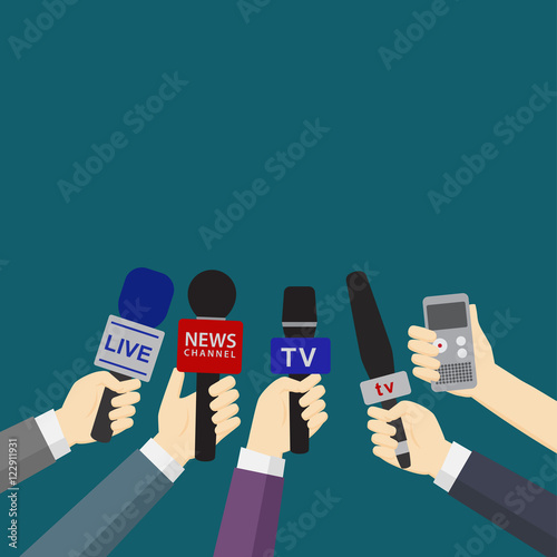 Set of hands holding microphones and digital voice recorders