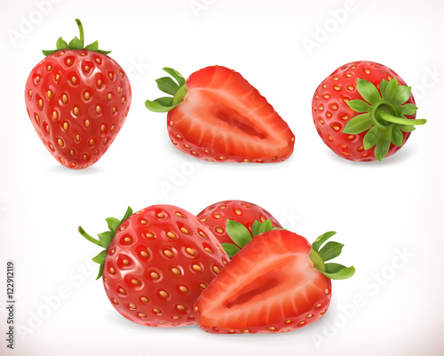 Strawberry. Sweet fruit. 3d vector icons set. Realistic illustration