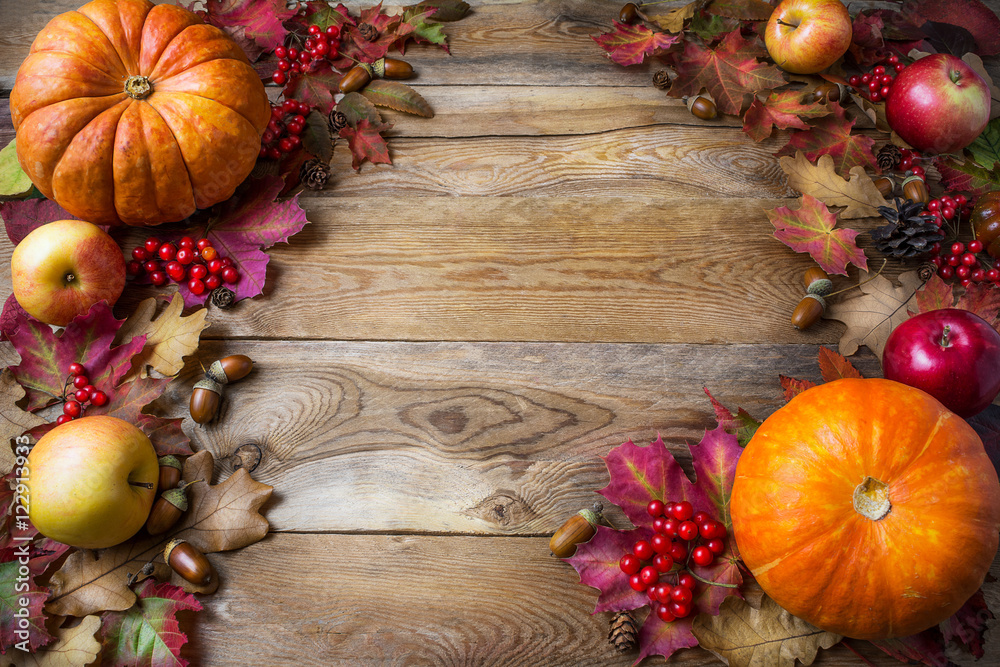 Thanksgiving or fall concept with pumpkins and apples, copy spac Thanksgiving or fall concept with pumpkins and apples, copy spac