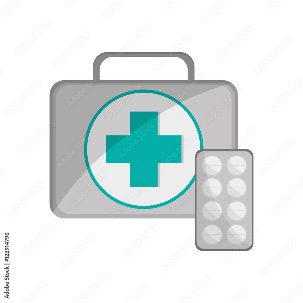 Obraz premium flat design first aid kit and medicine tablets icon vector illustration