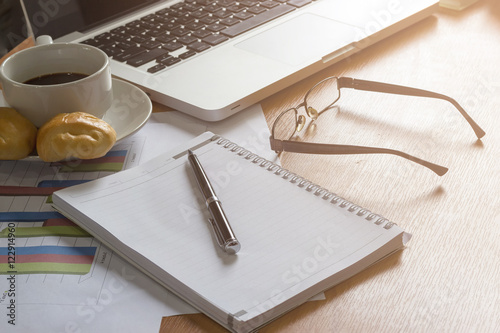 Blank notebook, Notebook with a pen on the office desk, business concept.