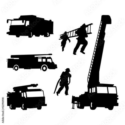 Fire Truck Car Fireman Security Silhouette Set
