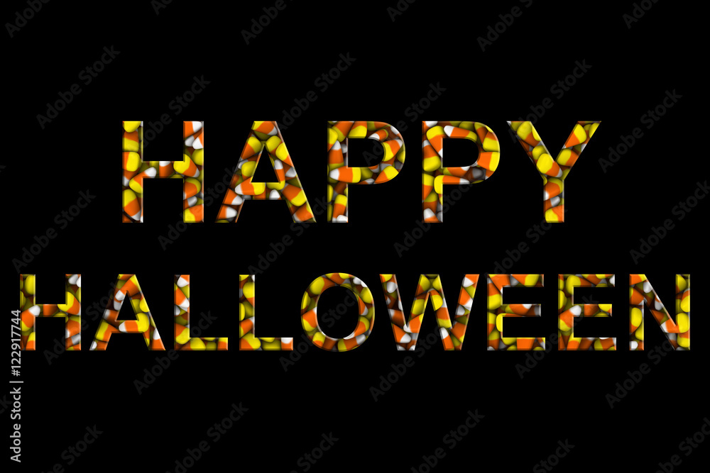 Happy Halloween Text made of Candy Corns Isolated on Black 3D Illustration