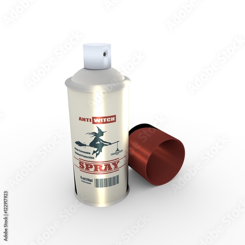Illustration of anti witches spray with cap. 3D rendering. Metallic painting label. Anti witches spray text on bottle. Flying witch silhouette