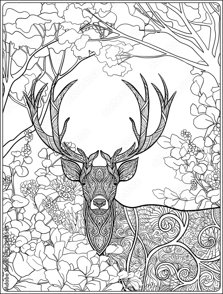 Obraz premium Coloring page with deer in forest.