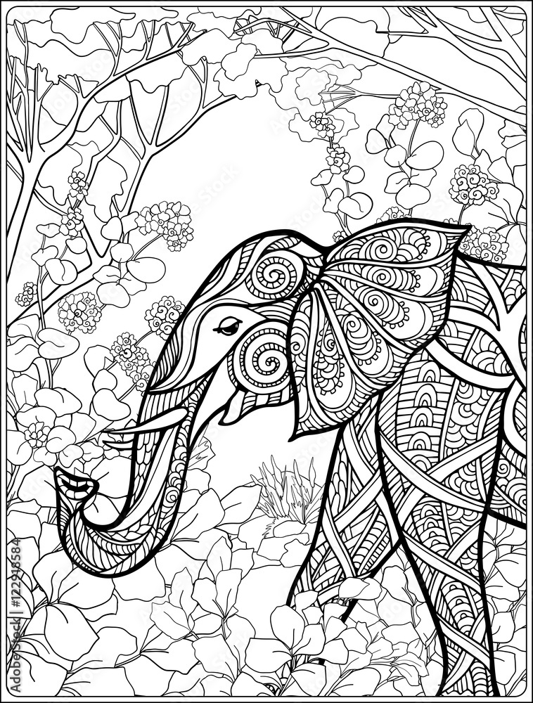 Coloring page with elephant in forest. Stock Vector | Adobe Stock